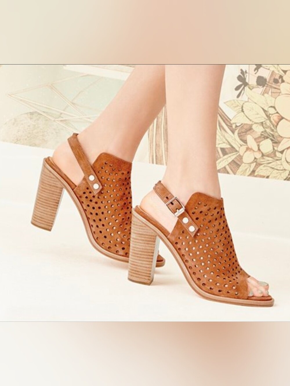 rag & bone Cognac Perforated Suede Block Heel Sandals Size 37.5